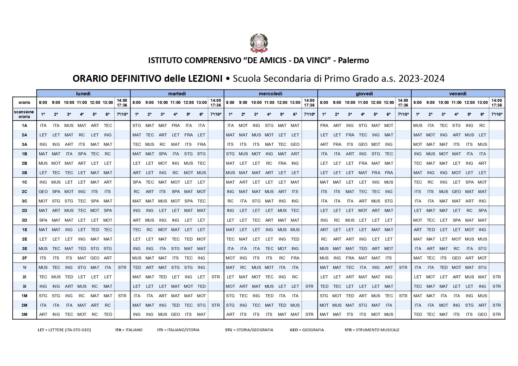 ORARIO SECONDARIA COMPLETO 2023 2024 ULTIMO ORARIO DEFINITIVO per MATERIA dal 30 ottobre 2023 page 0001