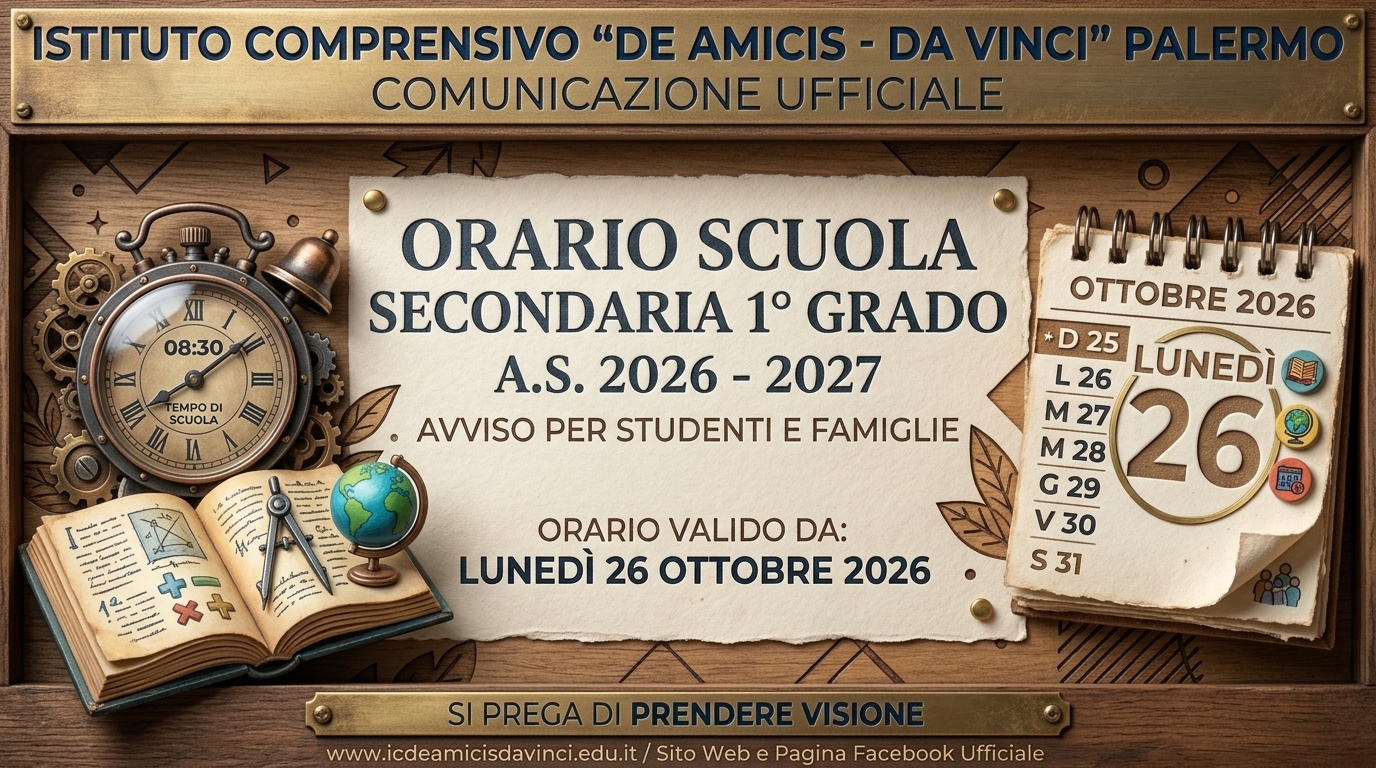 Pubblicazione orario delle lezioni scuola secondaria di I grado in vigore da lunedì 26 ottobre 2026 