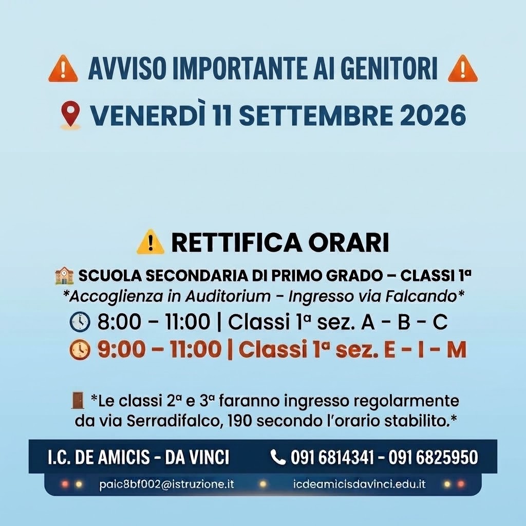 RETTIFICA ORARI INGRESSO CLASSI PRIME- SCUOLA SECONDARIA DI PRIMO GRADO
